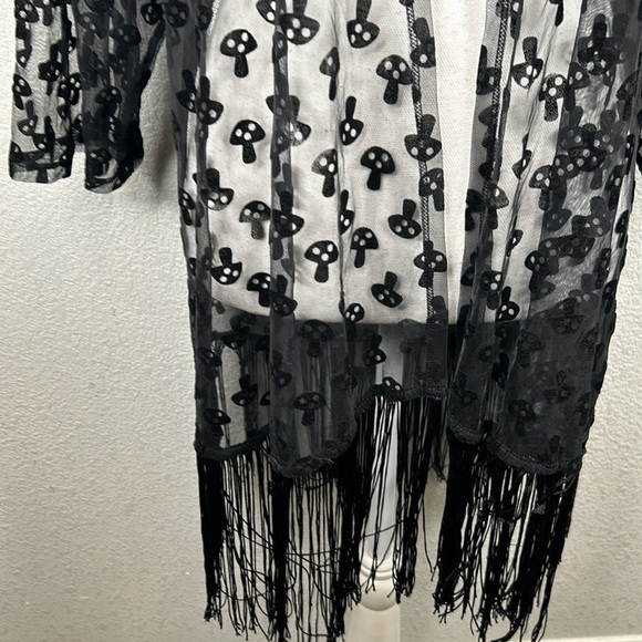 Hot Topic Black Sheer Goth Mushroom Print Fringe Hem Open Cardigan Size Medium - Picture 3 of 8